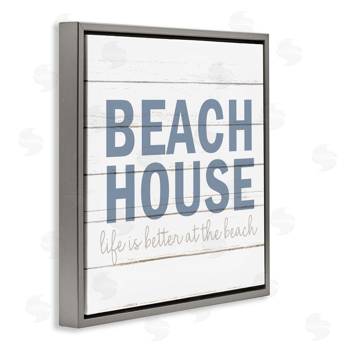 Kim Allen Beach House Life Is Better Phrase Planked Pattern Gray Floating Frame Canvas Wall Art Print