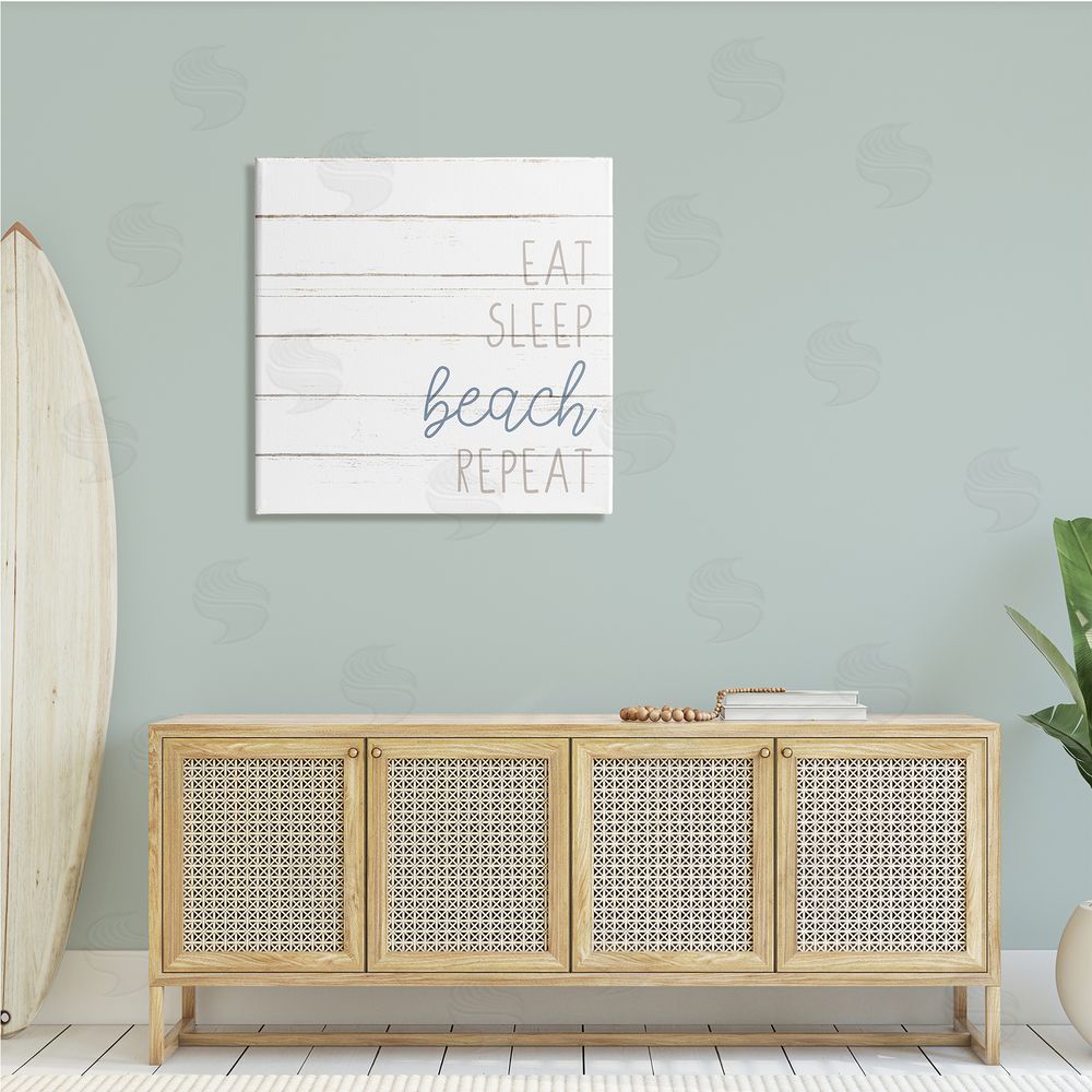 Kim Allen Eat Sleep Beach Repeat Phrase White Planked Pattern Canvas Wall Art in Room