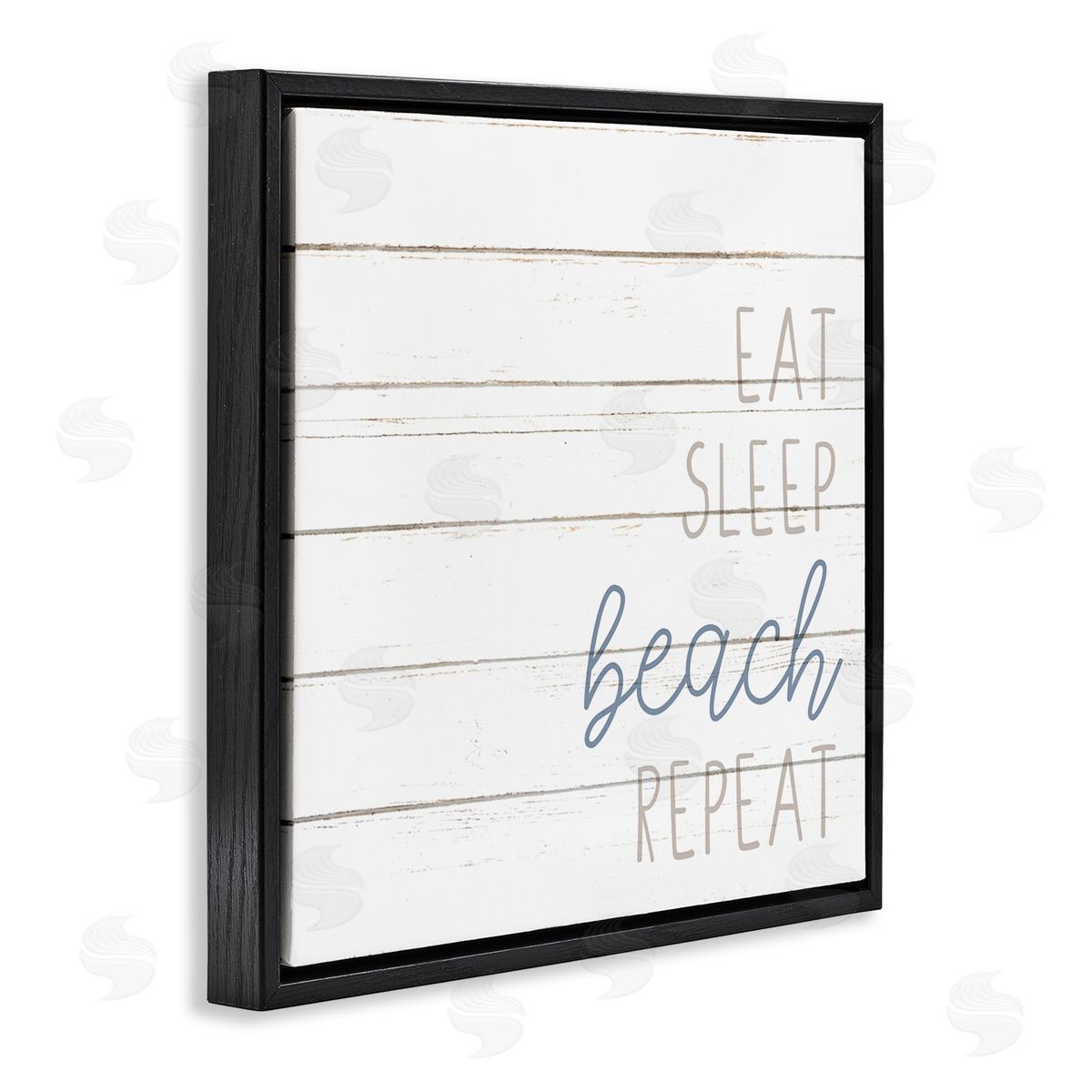 Kim Allen Eat Sleep Beach Repeat Phrase White Planked Pattern Black Floating Frame Canvas Wall Art Print