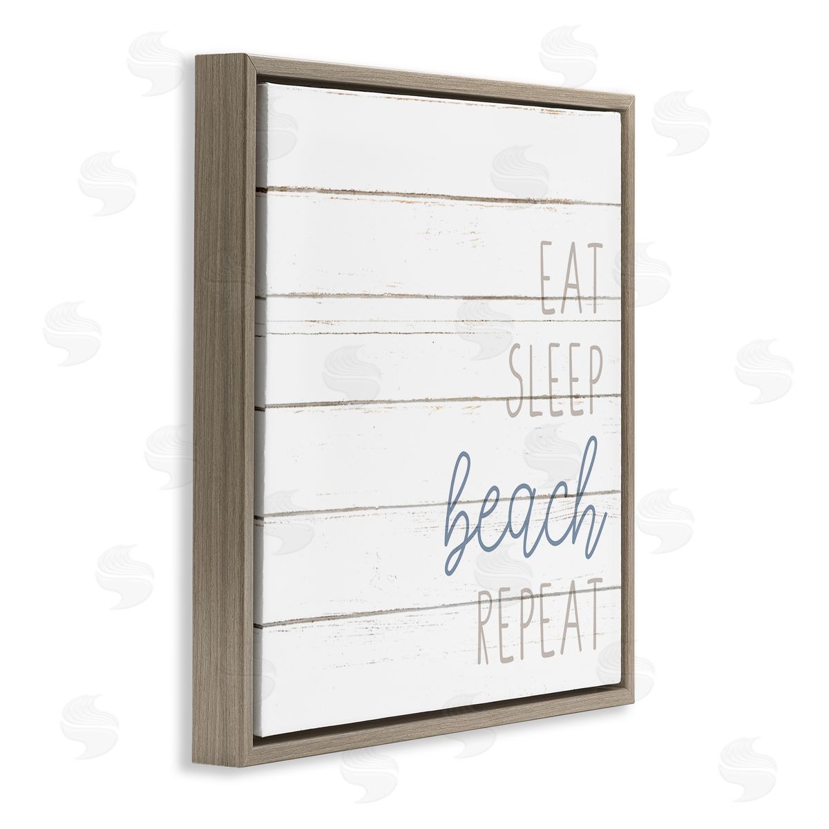 Kim Allen Eat Sleep Beach Repeat Phrase White Planked Pattern Brown Floating Frame Canvas Wall Art Print