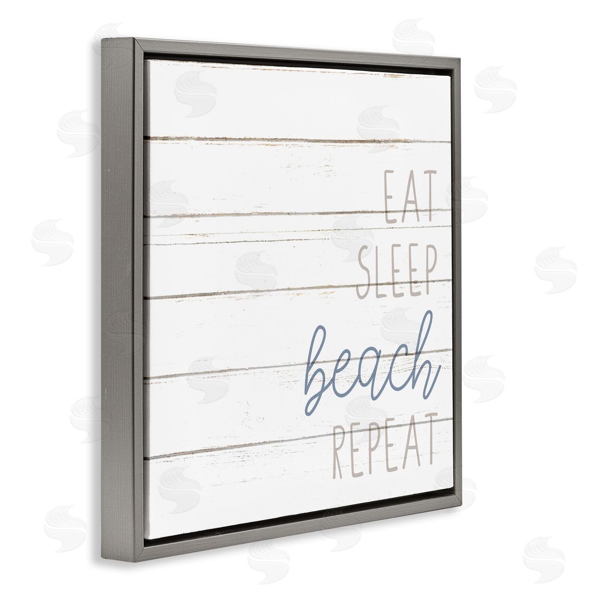 Kim Allen Eat Sleep Beach Repeat Phrase White Planked Pattern Gray Floating Frame Canvas Wall Art Print