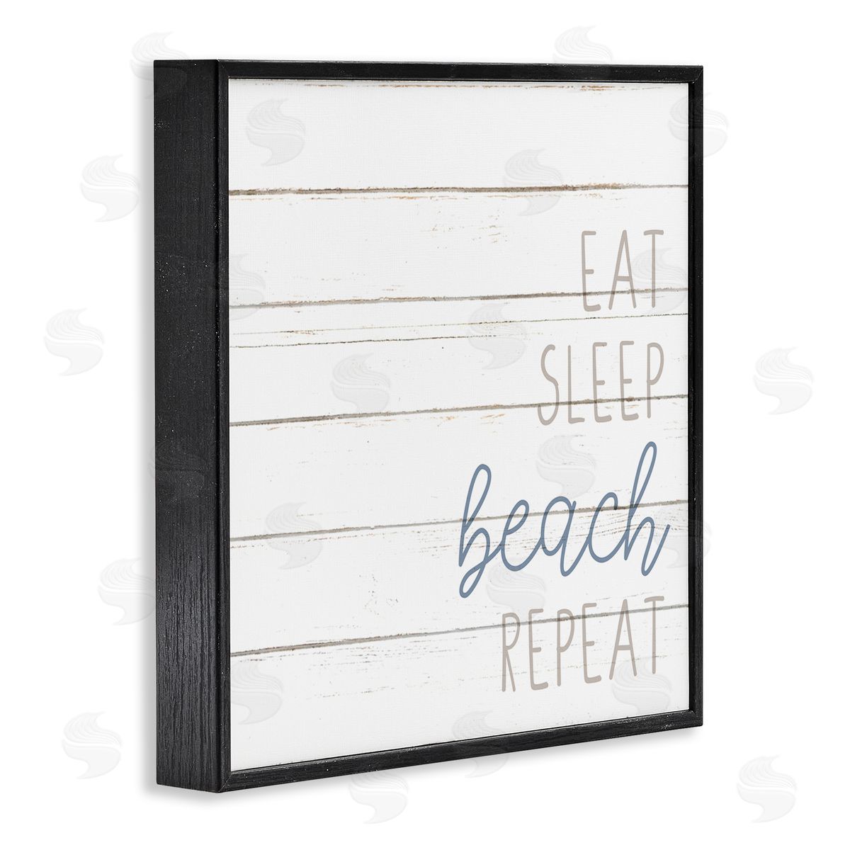 Kim Allen Eat Sleep Beach Repeat Phrase White Planked Pattern Black Framed Glicee Wall Art Print