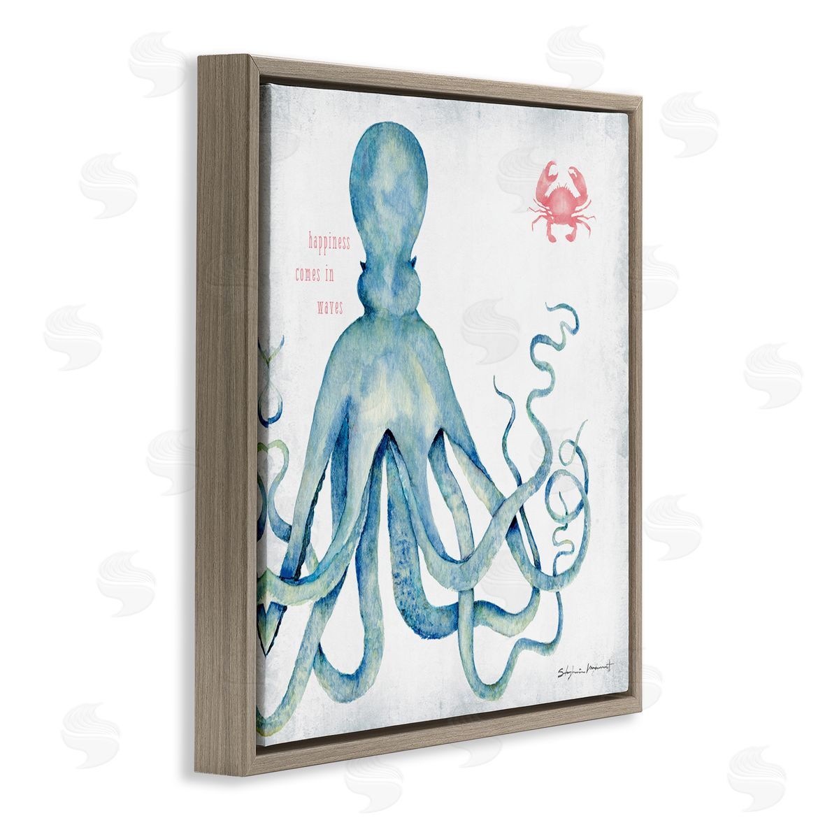 Stephanie Workman Marrott Happiness Comes in Waves Blue Octopus Red Crab Brown Floating Frame Canvas Wall Art Print