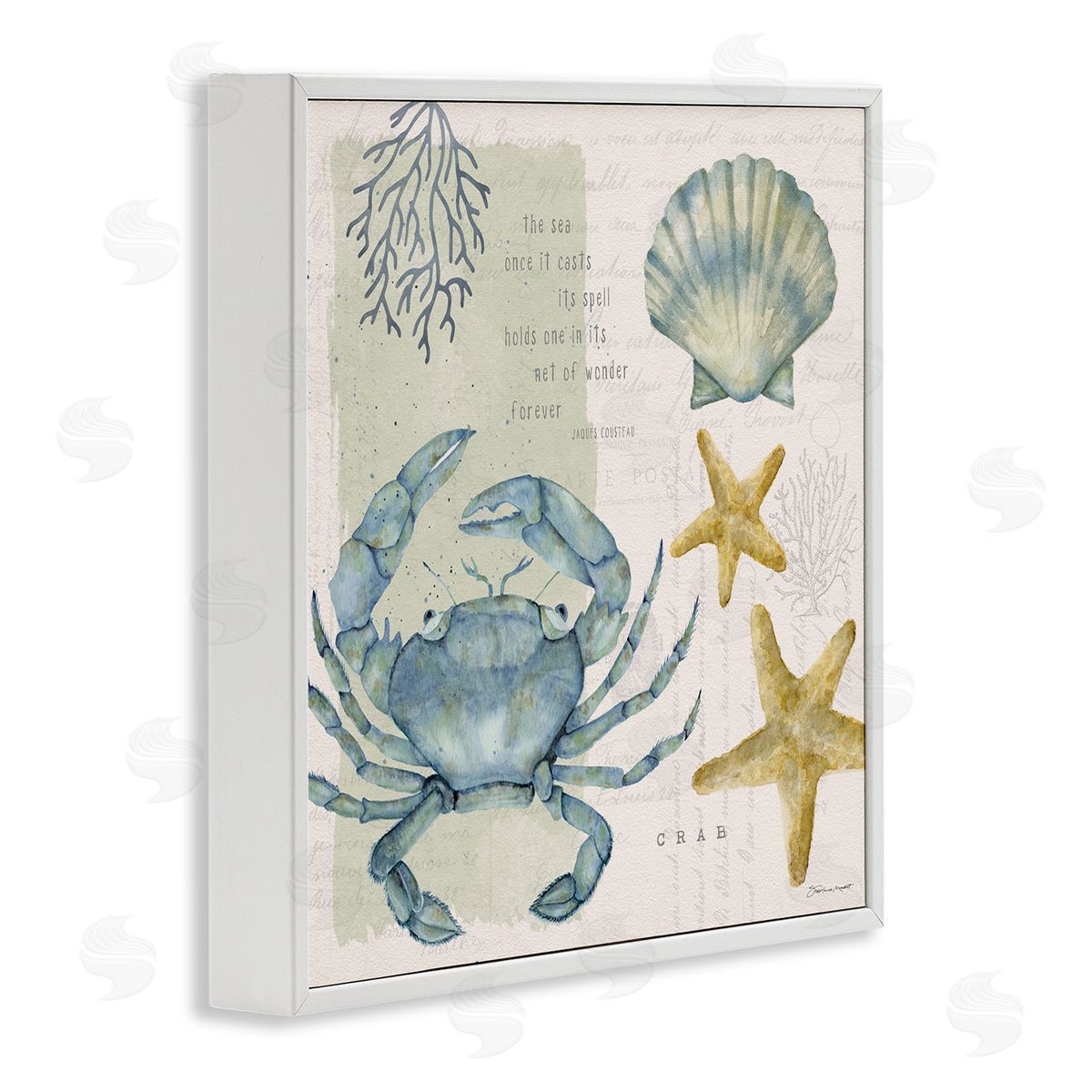 Stephanie Workman Marrott Sea Casts Its Spell Quote Blue Crab Seashells White Framed Glicee Wall Art Print