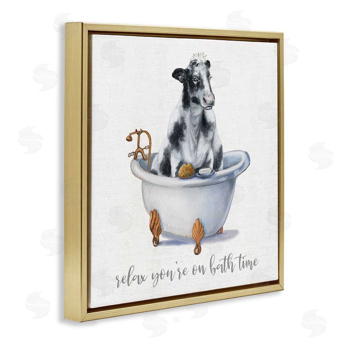 Donna Brooks Relax You're On Bath Time Dairy Cow Tub Gold Floating Frame Canvas Wall Art Print