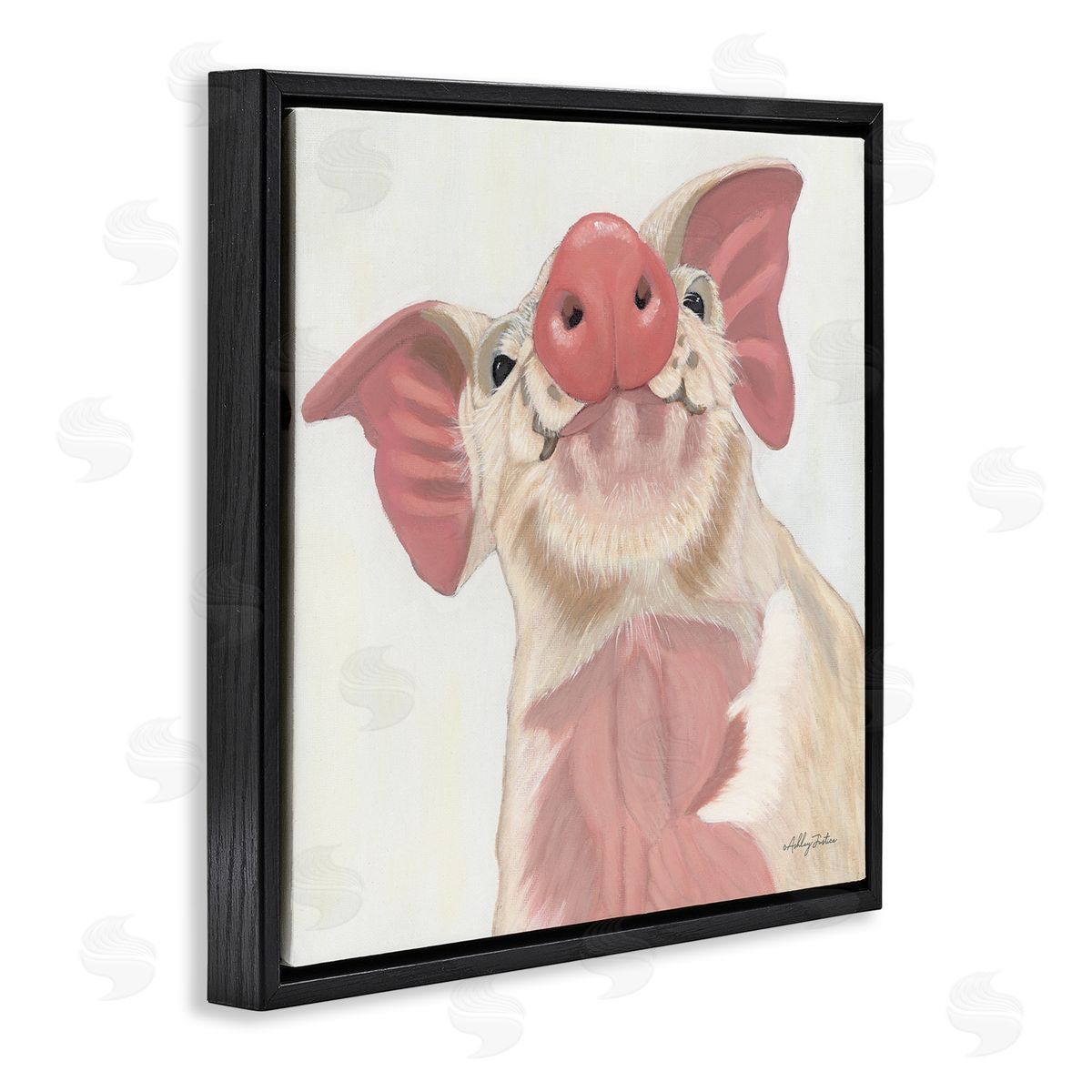 Ashley Justice Pink Pig Snout Adorable Farm Hog Painting Black Floating Frame Canvas Wall Art Print