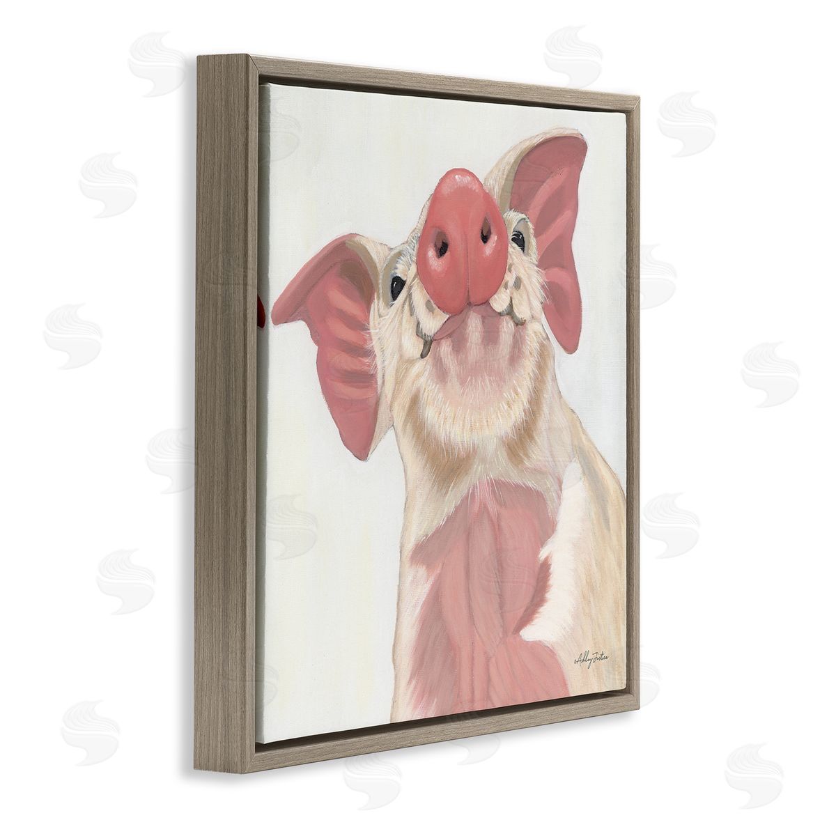Ashley Justice Pink Pig Snout Adorable Farm Hog Painting Brown Floating Frame Canvas Wall Art Print