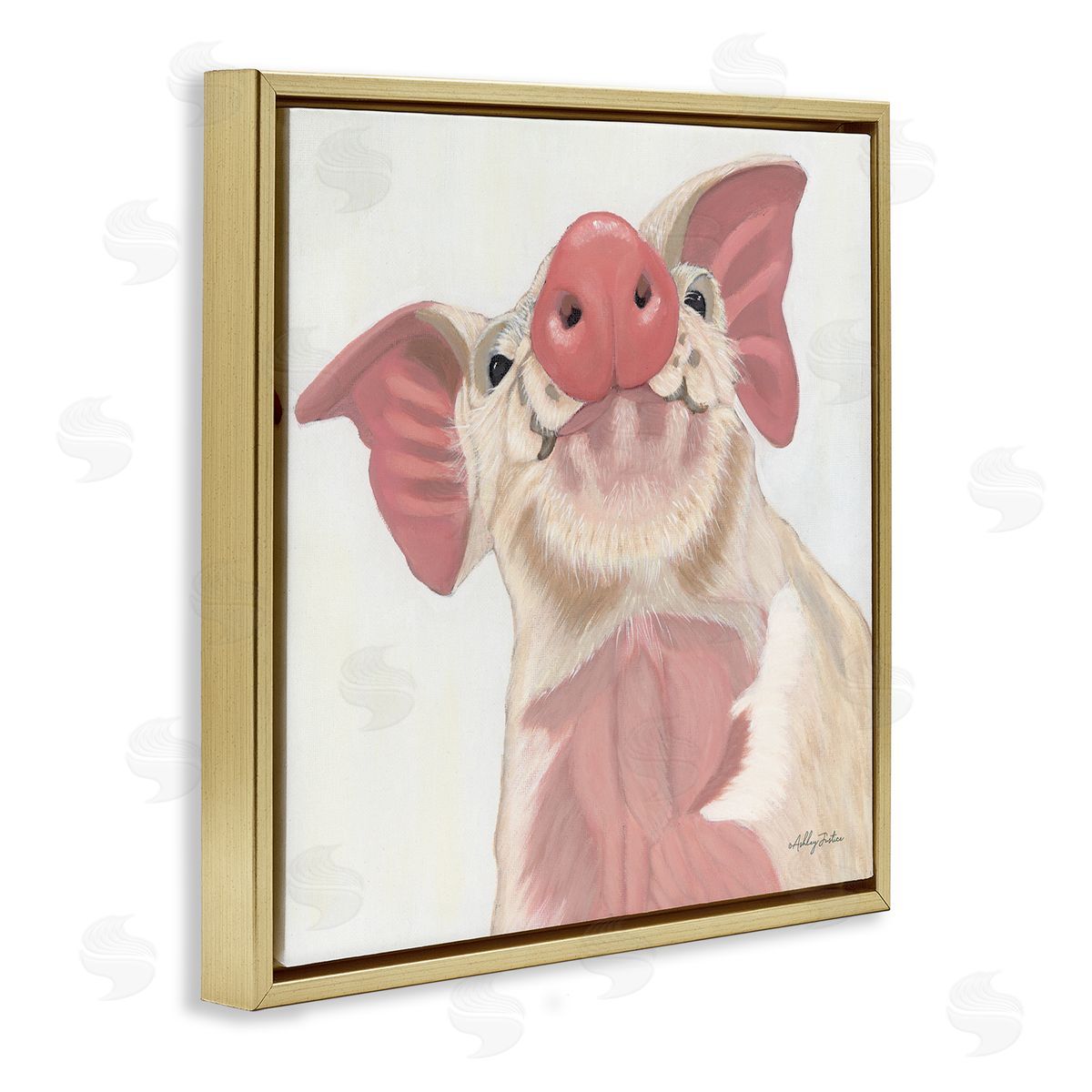 Ashley Justice Pink Pig Snout Adorable Farm Hog Painting Gold Floating Frame Canvas Wall Art Print