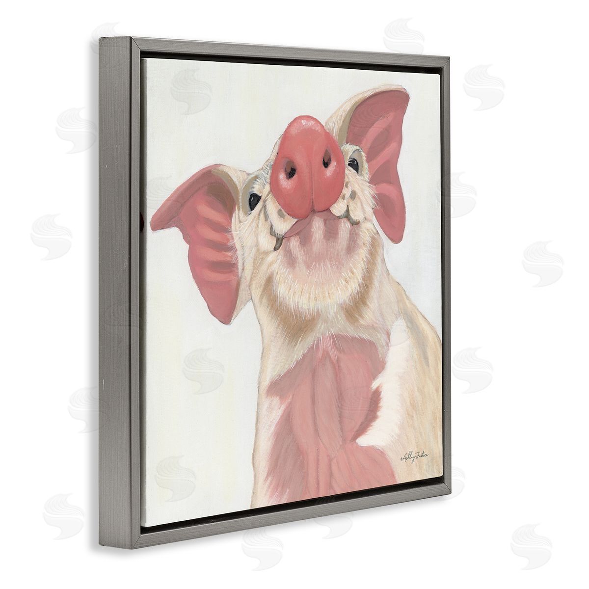 Ashley Justice Pink Pig Snout Adorable Farm Hog Painting Gray Floating Frame Canvas Wall Art Print