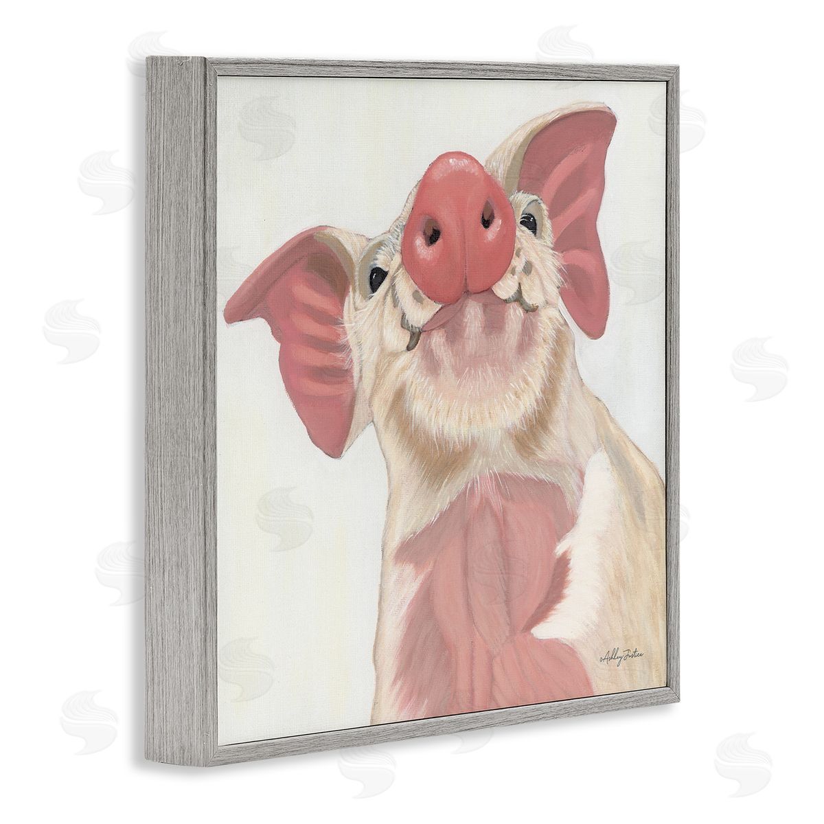 Ashley Justice Pink Pig Snout Adorable Farm Hog Painting Gray Framed Glicee Wall Art Print