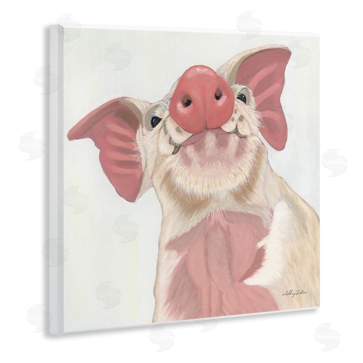 Ashley Justice Pink Pig Snout Adorable Farm Hog Painting Wooden Wall Plaque Art Print
