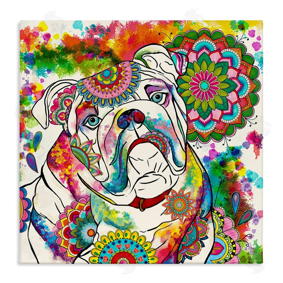 Sangita Bachelet Pet Bulldog Portrait Vibrant Medallion Boho Pattern Stretched Canvas Wall Art Print