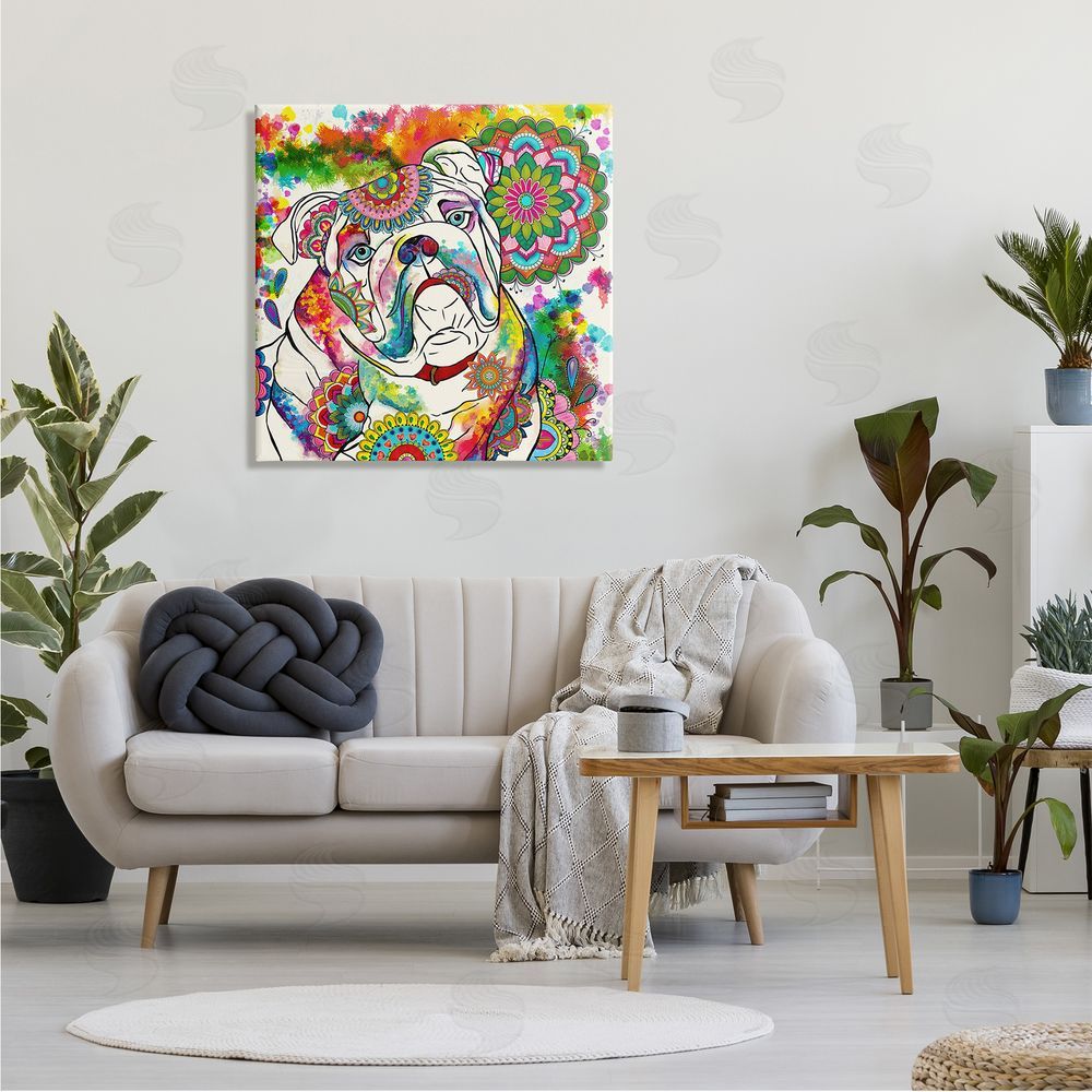 Sangita Bachelet Pet Bulldog Portrait Vibrant Medallion Boho Pattern Canvas Wall Art in Room