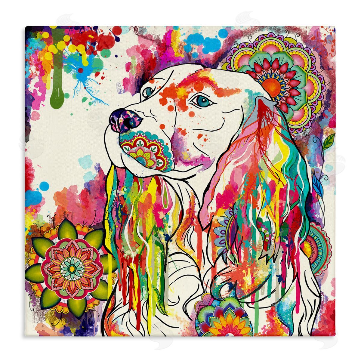 Sangita Bachelet Expressive Spaniel Dog Portrait Vibrant Medallion Boho Pattern Stretched Canvas Wall Art Print