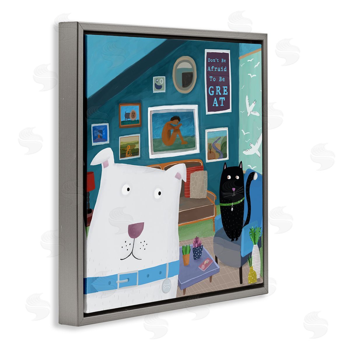 Carla Daly Be Great Motivational Phrase Family Pets Cat Dog Gray Floating Frame Canvas Wall Art Print