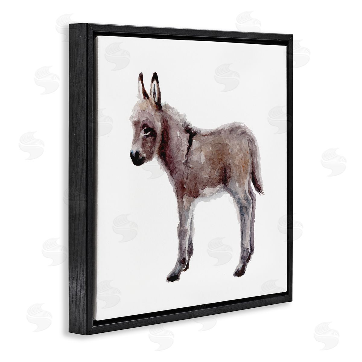 Fox Hollow Studios Baby Donkey Watercolor Portrait Children's Nursery Animal Black Floating Frame Canvas Wall Art Print