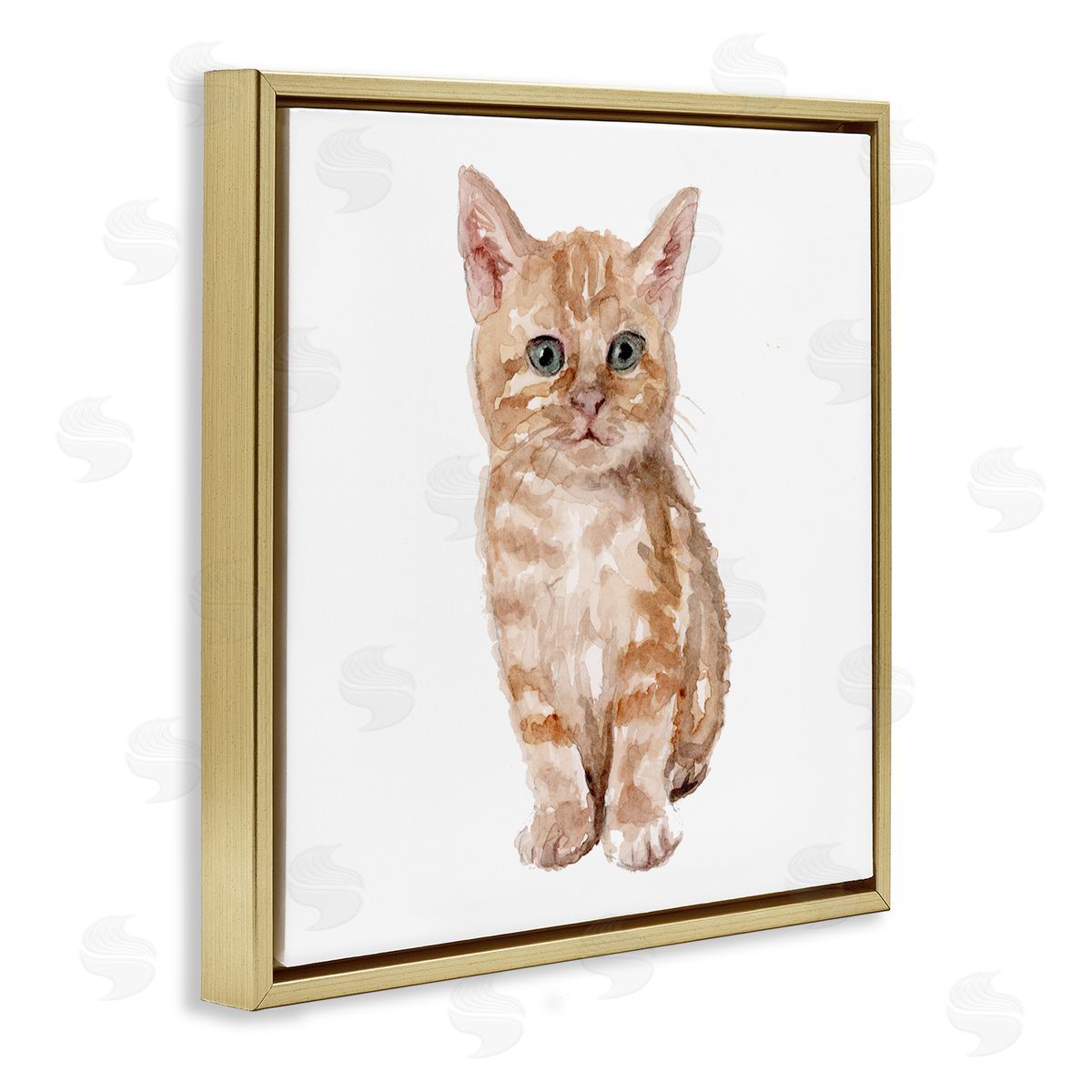 Fox Hollow Studios Tabby Cat Kitten Watercolor Portrait Nursery Animal Gold Floating Frame Canvas Wall Art Print