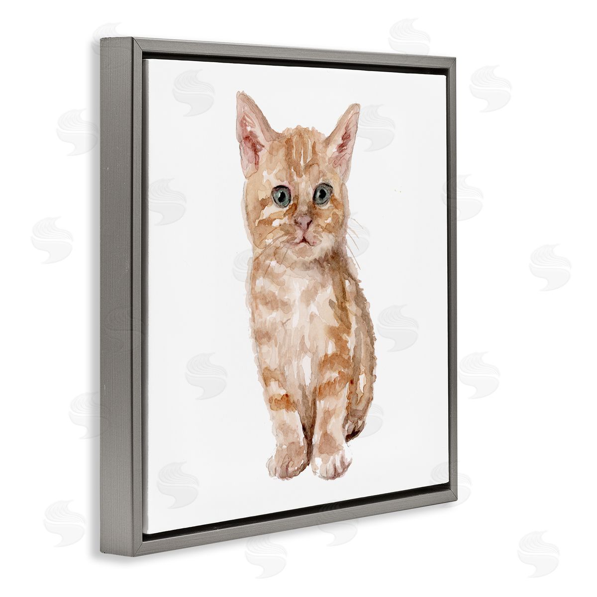Fox Hollow Studios Tabby Cat Kitten Watercolor Portrait Nursery Animal Gray Floating Frame Canvas Wall Art Print