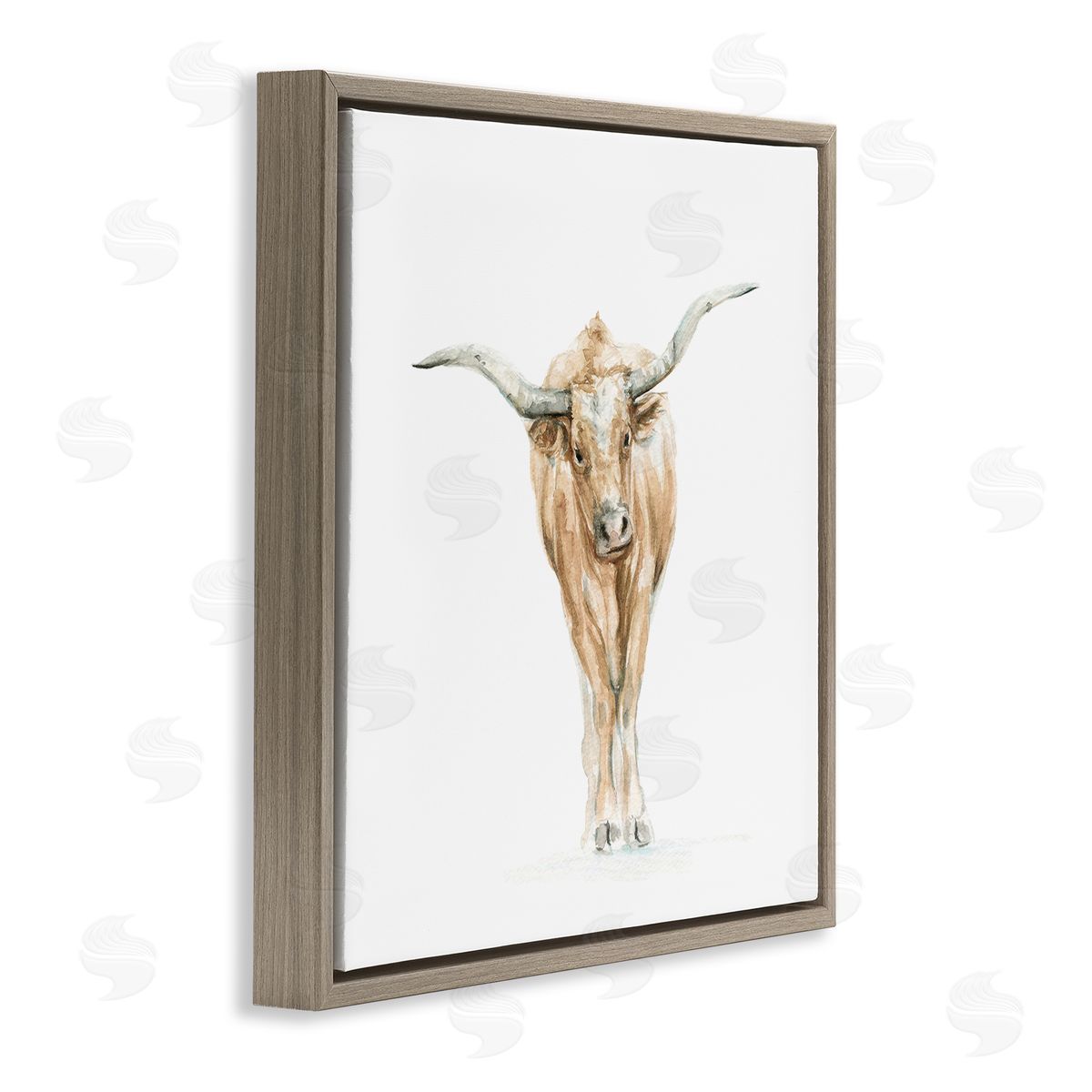 Fox Hollow Studios Longhorn Cattle Watercolor Portrait Children's Wild Animal Brown Floating Frame Canvas Wall Art Print