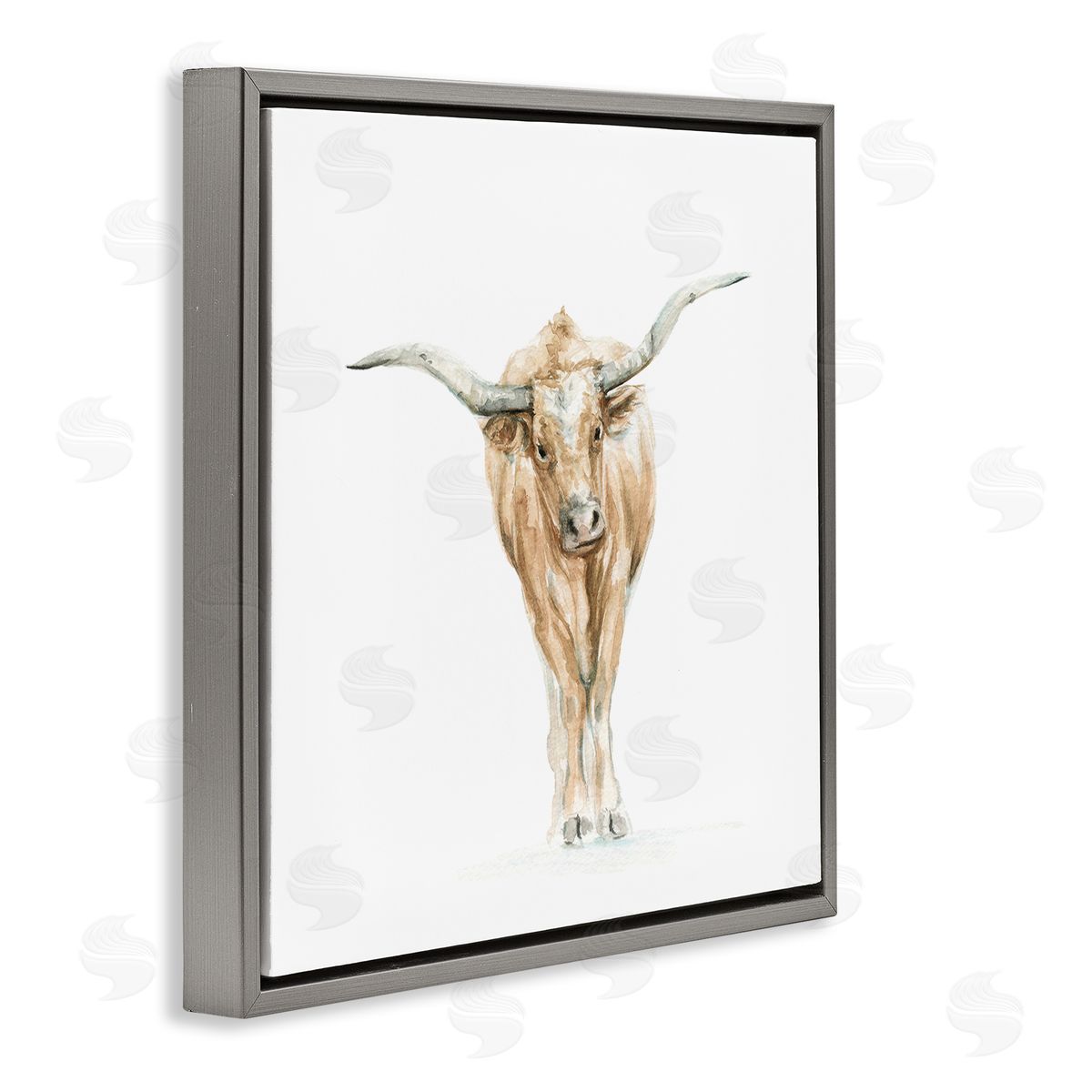 Fox Hollow Studios Longhorn Cattle Watercolor Portrait Children's Wild Animal Gray Floating Frame Canvas Wall Art Print