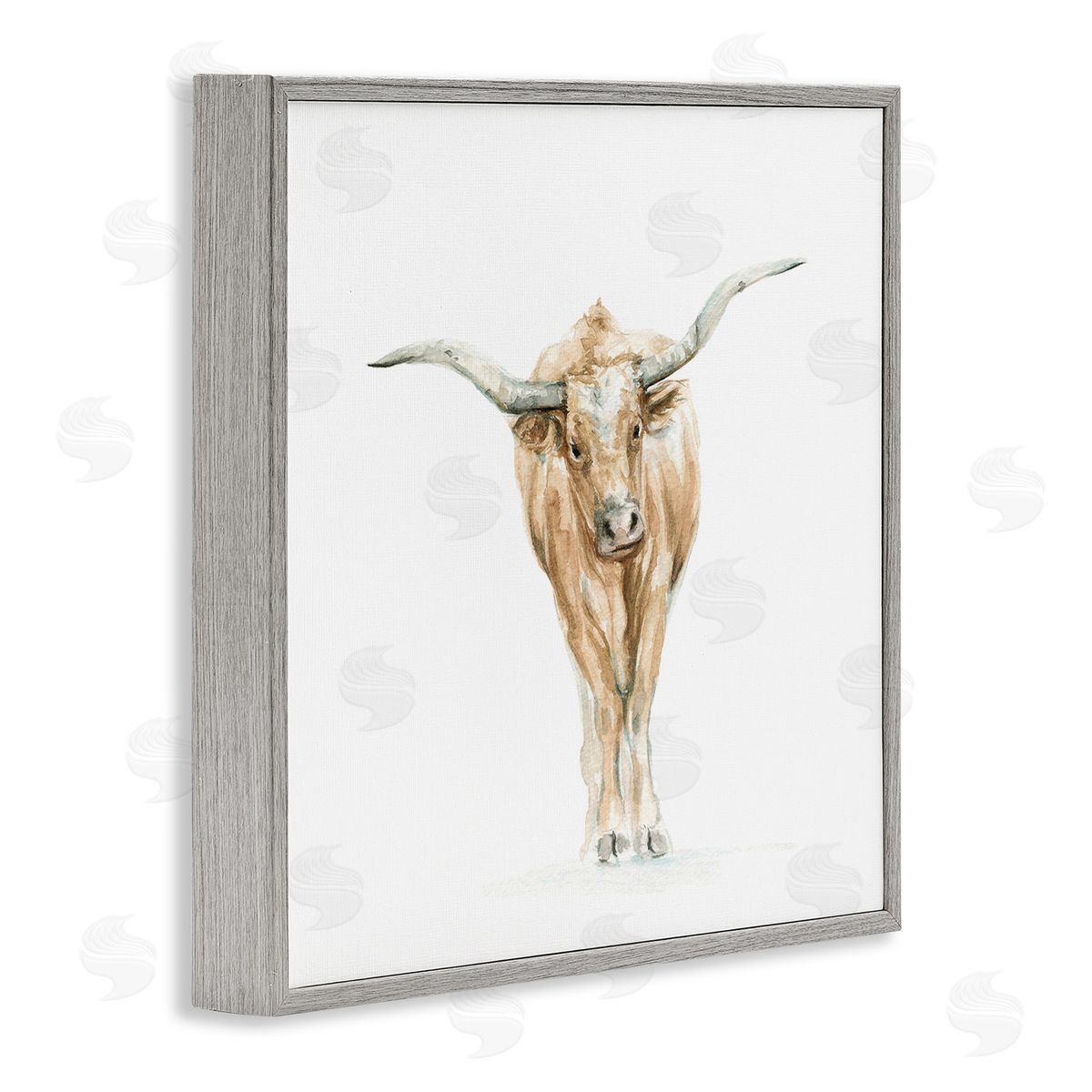 Fox Hollow Studios Longhorn Cattle Watercolor Portrait Children's Wild Animal Gray Framed Glicee Wall Art Print