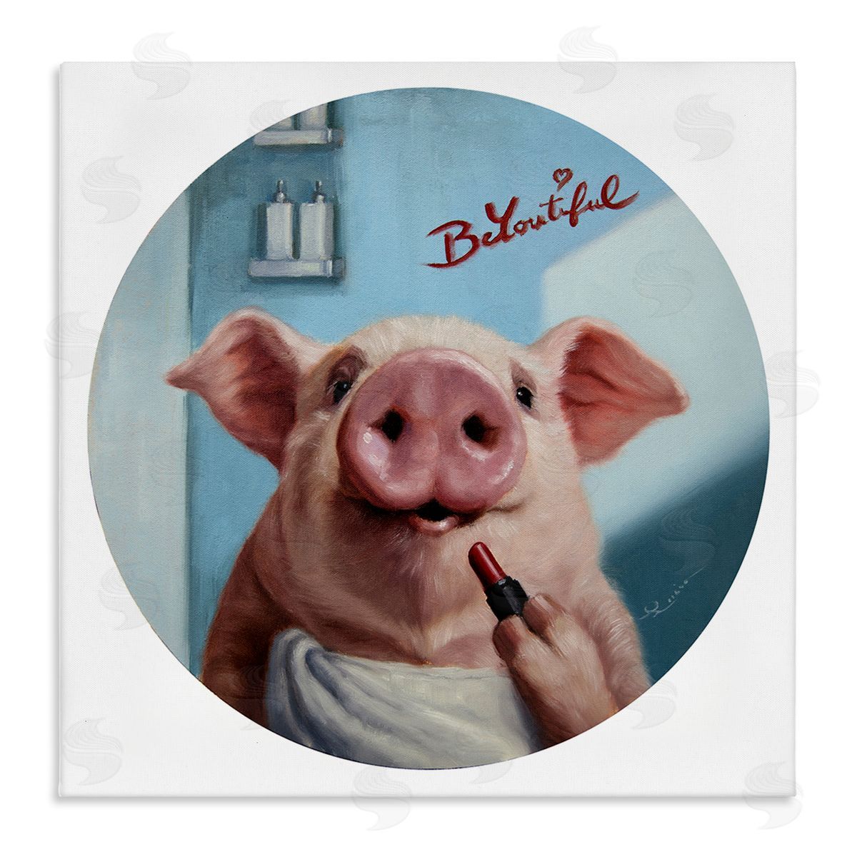 Lucia Heffernan Be-You-Tiful Pink Pig in Towel Lipstick Big Snout Stretched Canvas Wall Art Print