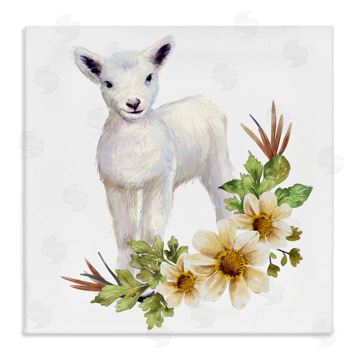 Ziwei Li Baby Lamb Autumn Daisy Florals Tree Leaf Foliage Stretched Canvas Wall Art Print