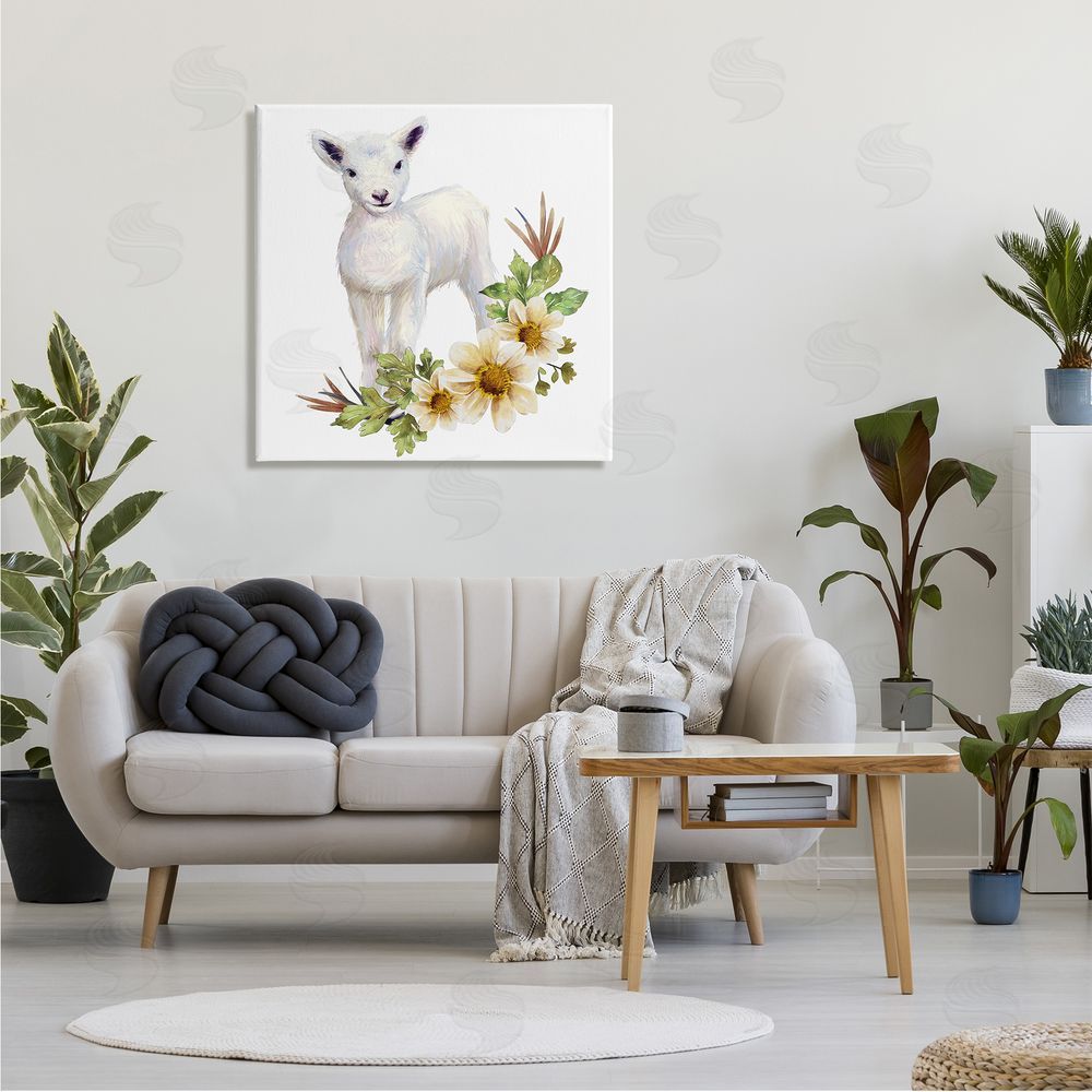 Ziwei Li Baby Lamb Autumn Daisy Florals Tree Leaf Foliage Canvas Wall Art in Room