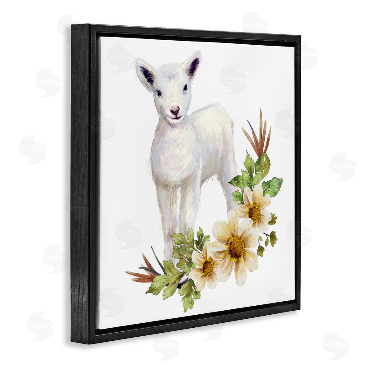 Ziwei Li Baby Lamb Autumn Daisy Florals Tree Leaf Foliage Black Floating Frame Canvas Wall Art Print