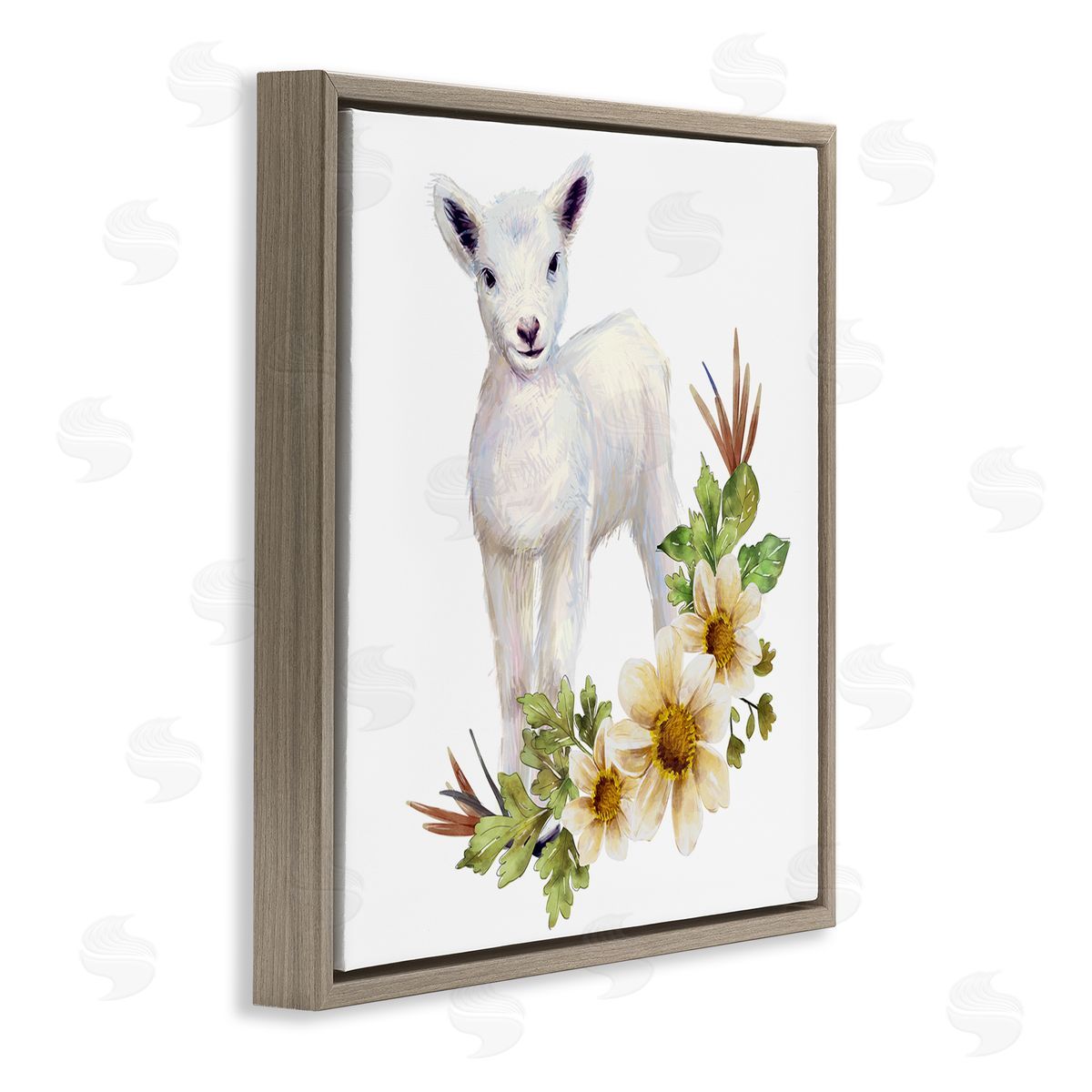 Ziwei Li Baby Lamb Autumn Daisy Florals Tree Leaf Foliage Brown Floating Frame Canvas Wall Art Print