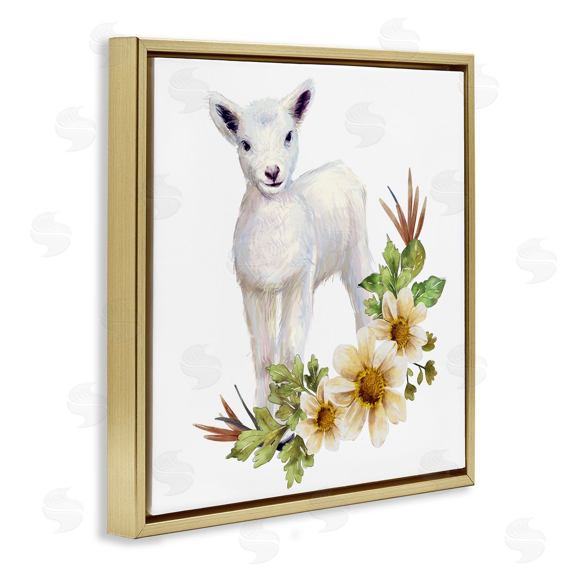Ziwei Li Baby Lamb Autumn Daisy Florals Tree Leaf Foliage Gold Floating Frame Canvas Wall Art Print