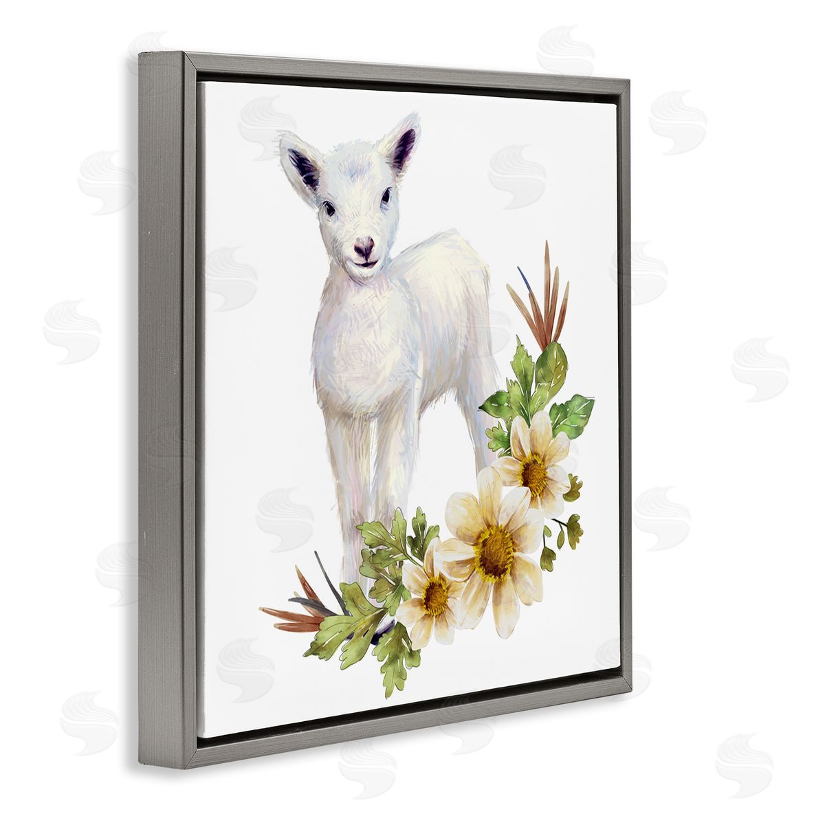 Ziwei Li Baby Lamb Autumn Daisy Florals Tree Leaf Foliage Gray Floating Frame Canvas Wall Art Print