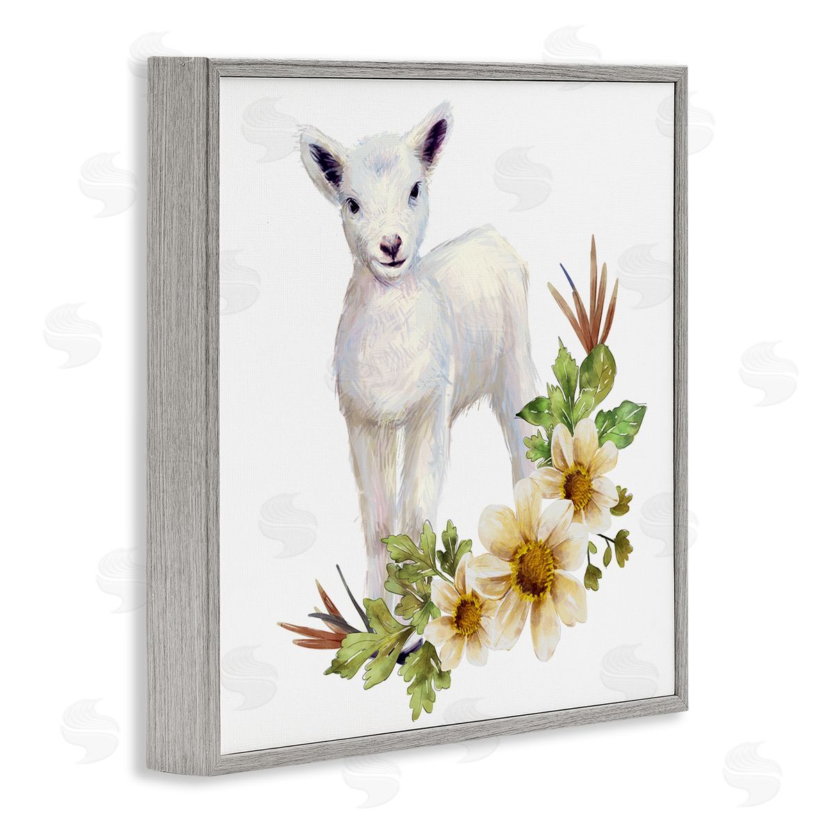 Ziwei Li Baby Lamb Autumn Daisy Florals Tree Leaf Foliage Gray Framed Glicee Wall Art Print