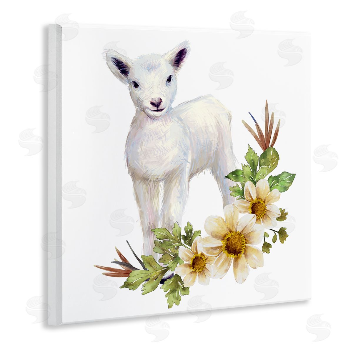 Ziwei Li Baby Lamb Autumn Daisy Florals Tree Leaf Foliage Wooden Wall Plaque Art Print