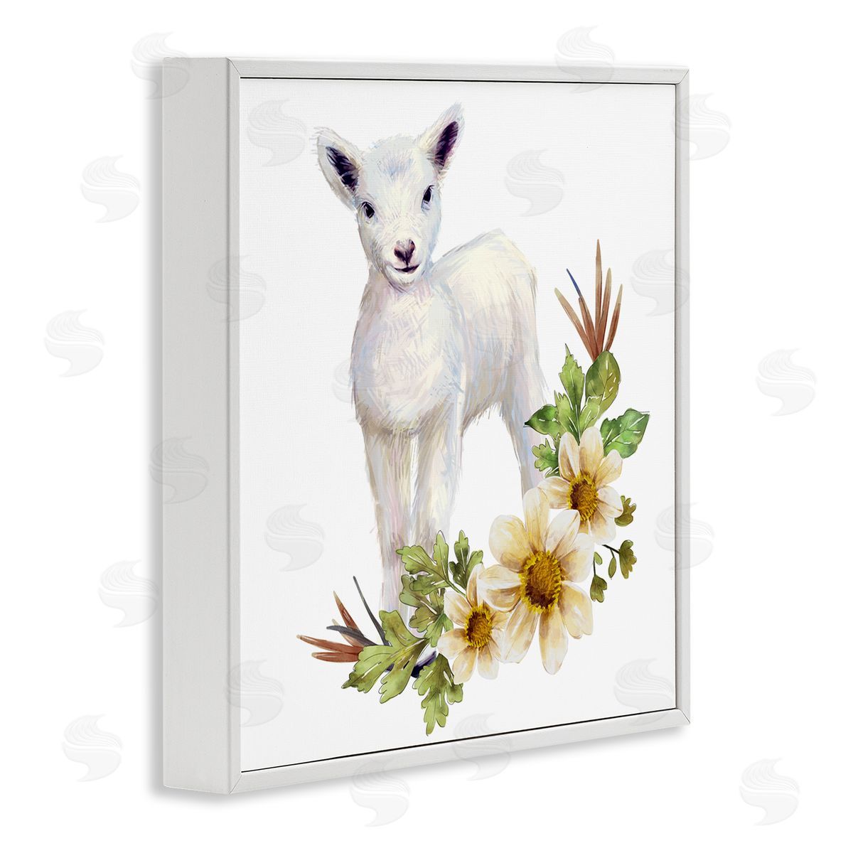 Ziwei Li Baby Lamb Autumn Daisy Florals Tree Leaf Foliage White Framed Glicee Wall Art Print