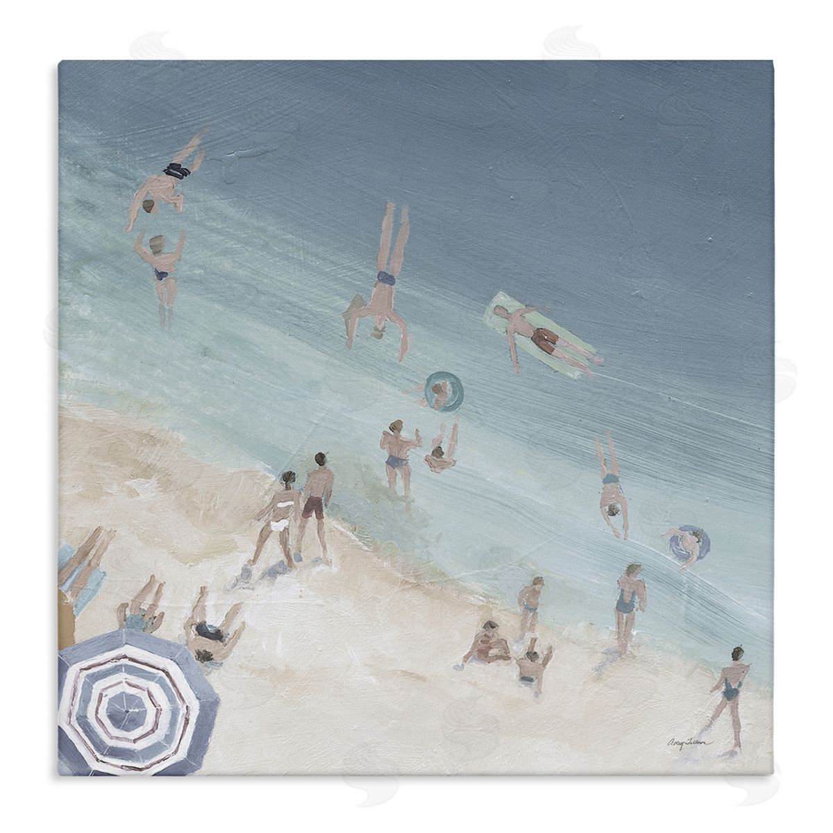 Avery Tillmon Muted Blue Aerial Beach Scene Ocean Coast Crowd Stretched Canvas Wall Art Print