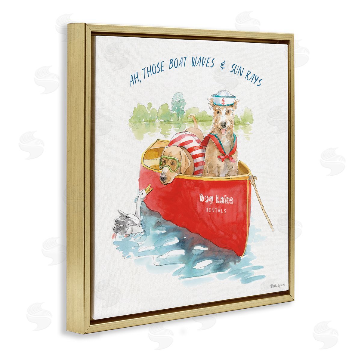 Beth Grove Boat Waves Sun Rays Lake Phrase Sailor Dogs Gold Floating Frame Canvas Wall Art Print