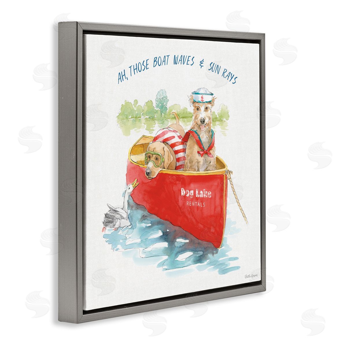 Beth Grove Boat Waves Sun Rays Lake Phrase Sailor Dogs Gray Floating Frame Canvas Wall Art Print