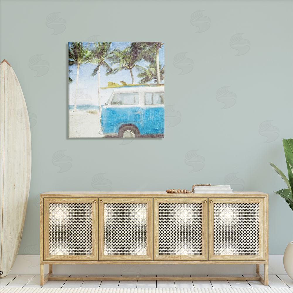 Kim Allen Distressed Tropical Beach Surf Van Palm Trees Coastline Canvas Wall Art in Room