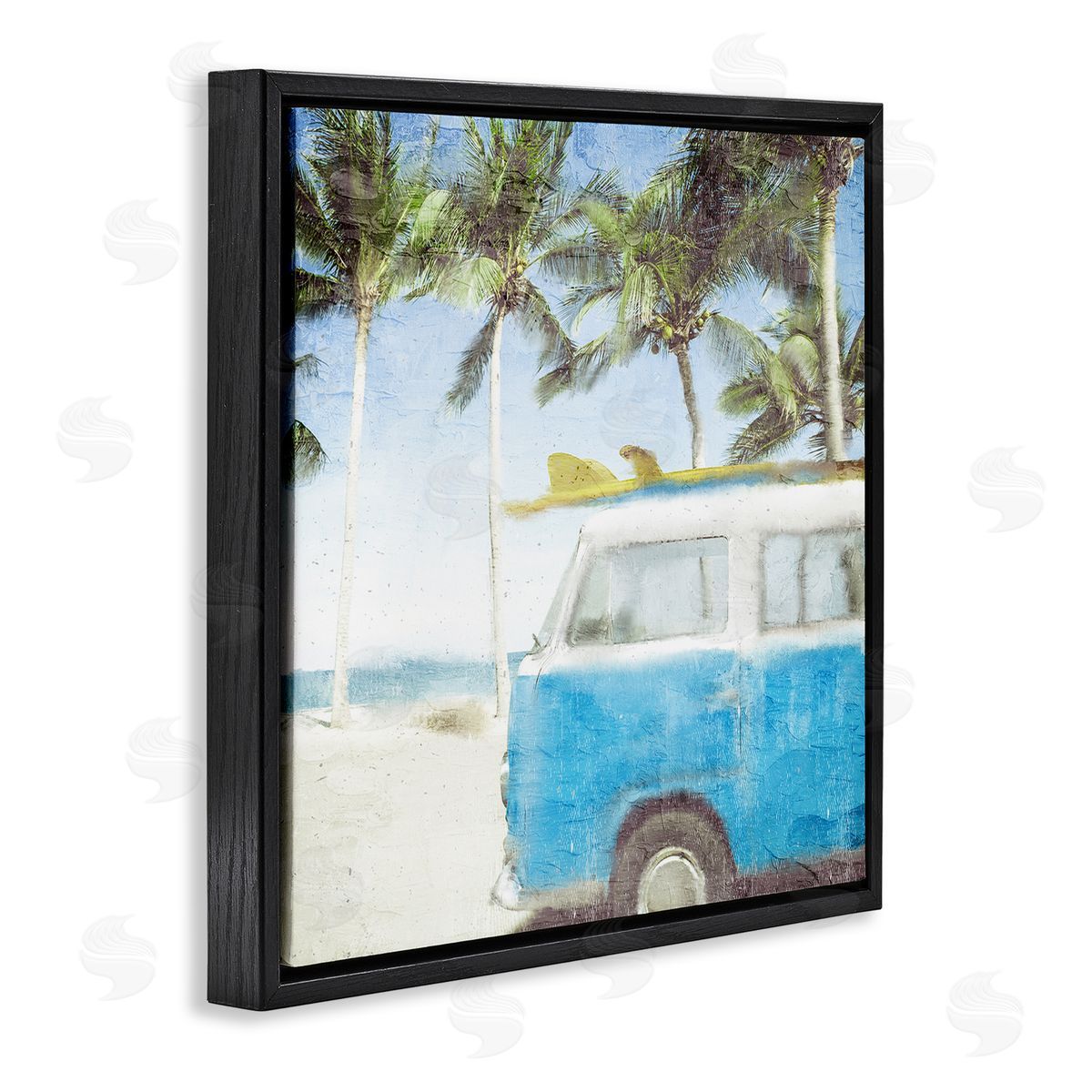 Kim Allen Distressed Tropical Beach Surf Van Palm Trees Coastline Black Floating Frame Canvas Wall Art Print