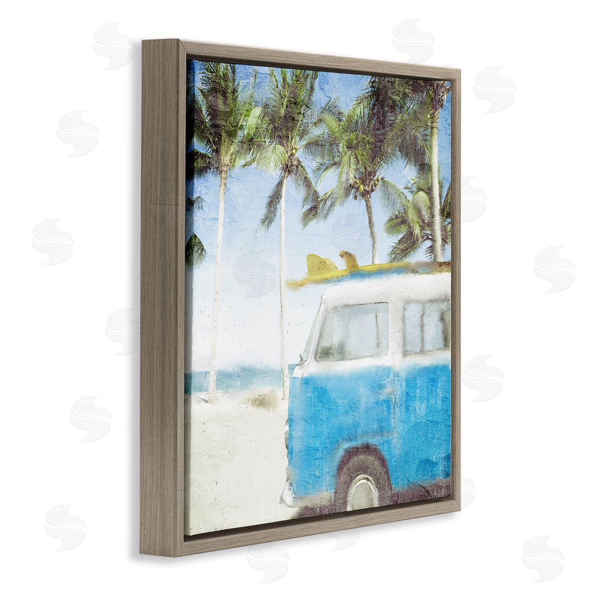 Kim Allen Distressed Tropical Beach Surf Van Palm Trees Coastline Brown Floating Frame Canvas Wall Art Print