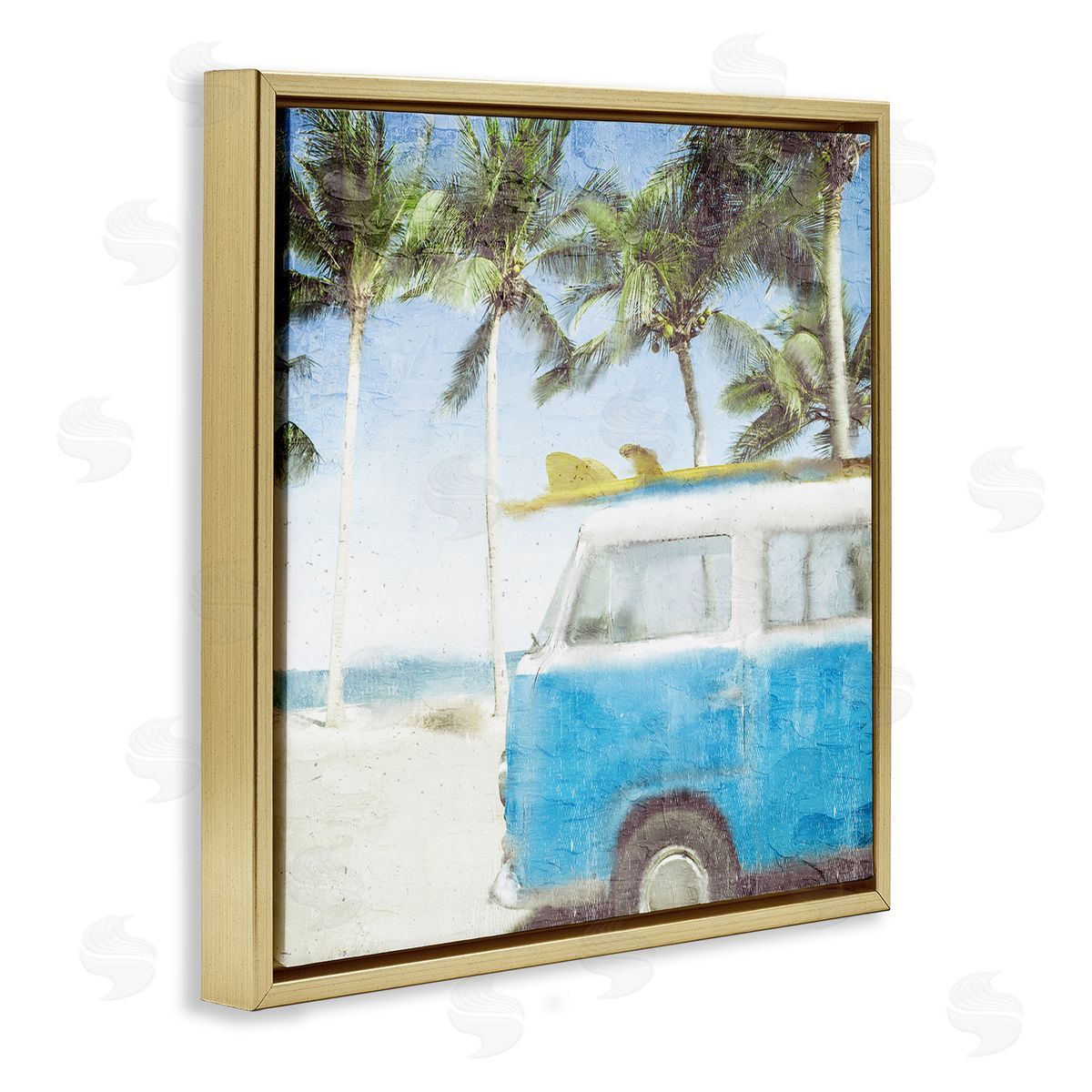 Kim Allen Distressed Tropical Beach Surf Van Palm Trees Coastline Gold Floating Frame Canvas Wall Art Print