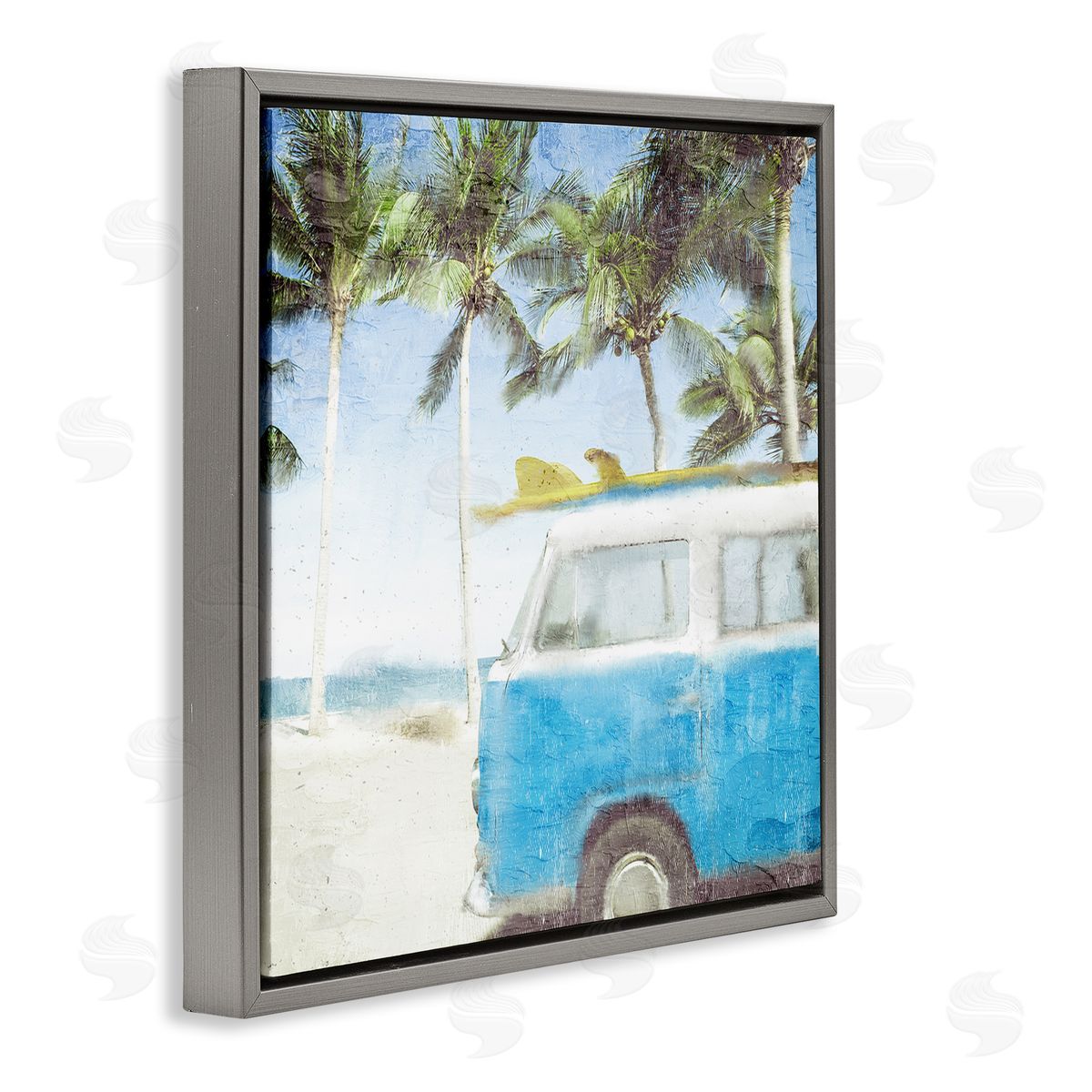 Kim Allen Distressed Tropical Beach Surf Van Palm Trees Coastline Gray Floating Frame Canvas Wall Art Print