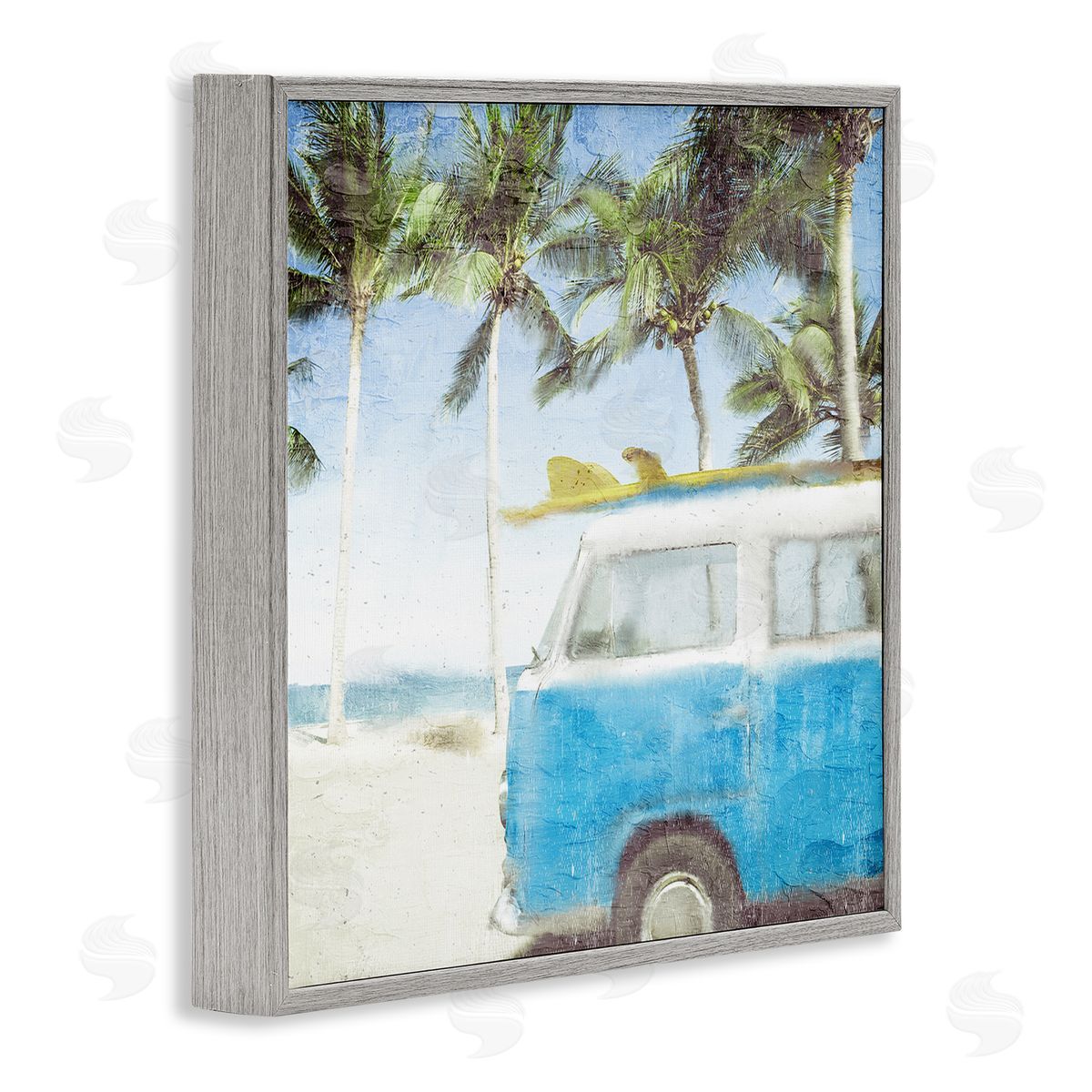 Kim Allen Distressed Tropical Beach Surf Van Palm Trees Coastline Gray Framed Glicee Wall Art Print