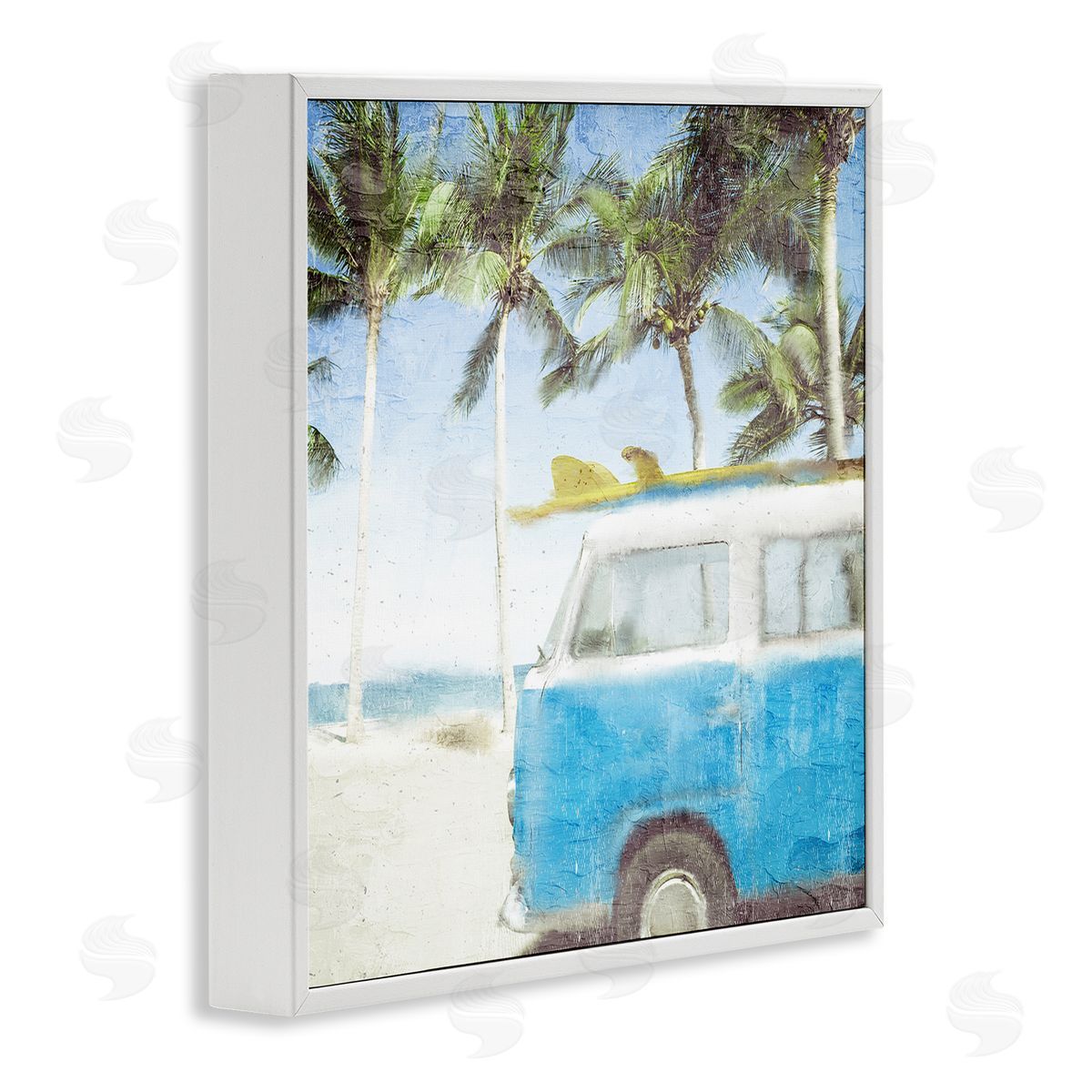 Kim Allen Distressed Tropical Beach Surf Van Palm Trees Coastline White Framed Glicee Wall Art Print