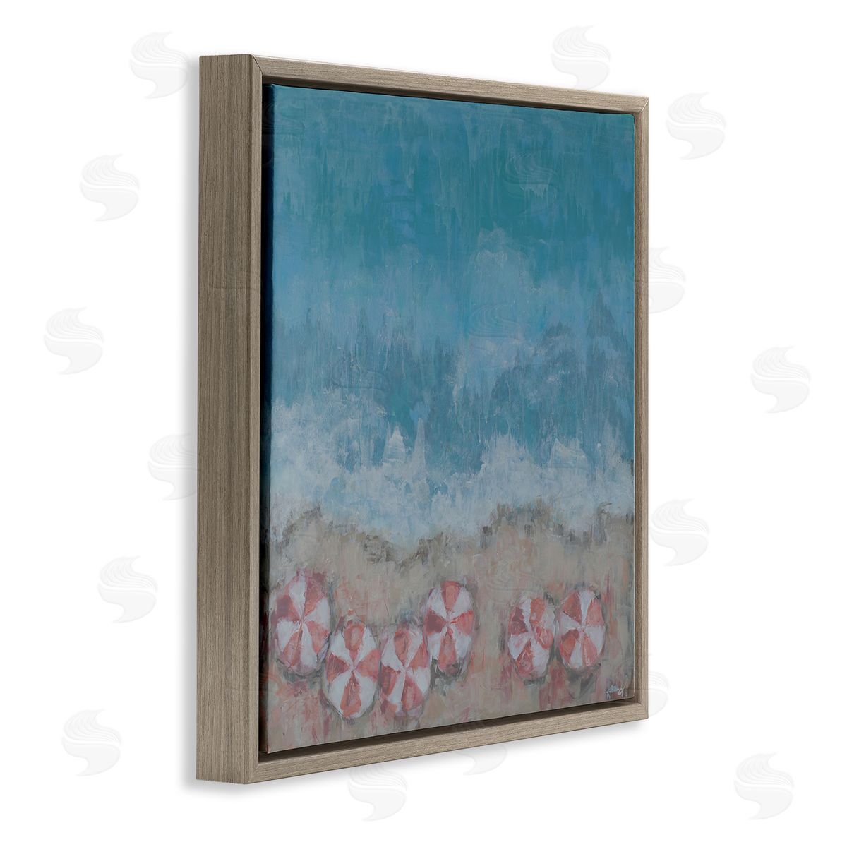 Reesa Qualia Abstract Ocean Shore Painting Beach Umbrella Coast Brown Floating Frame Canvas Wall Art Print