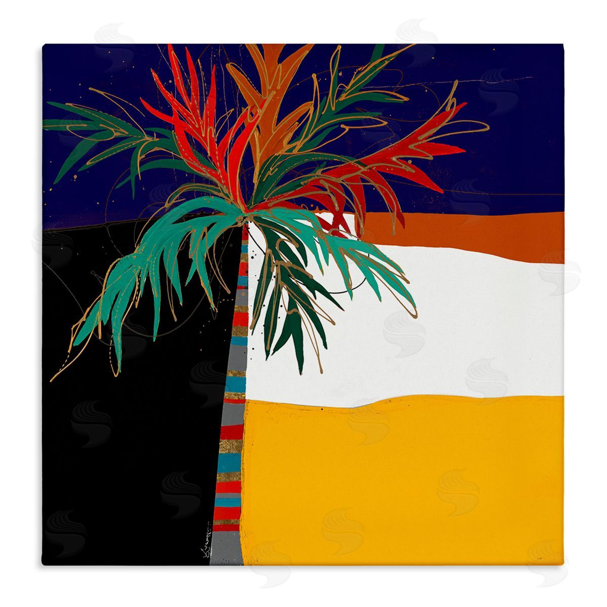 Keith Morgan Abstract Tropical Palm Tree Bold Blocked Pattern Stretched Canvas Wall Art Print