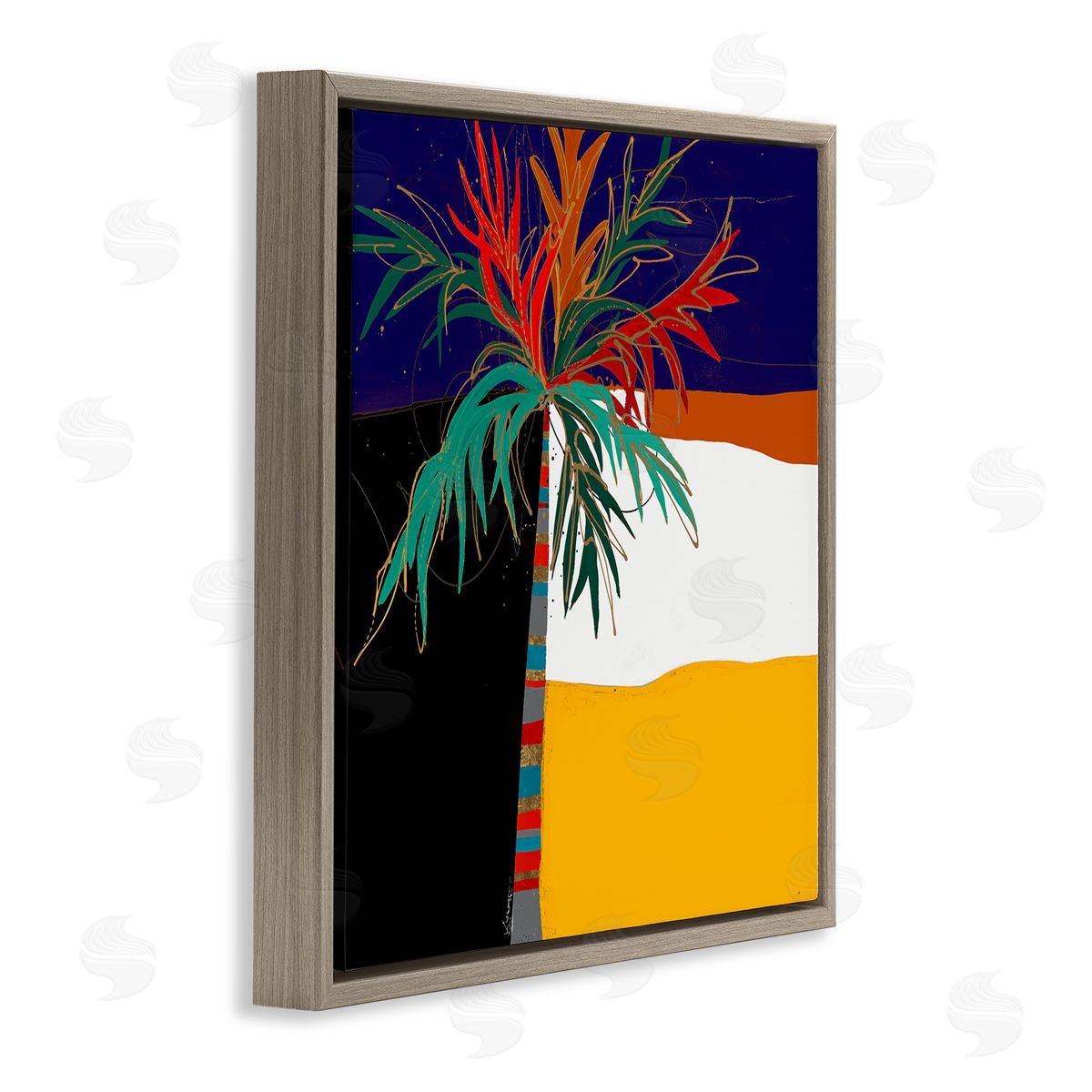 Keith Morgan Abstract Tropical Palm Tree Bold Blocked Pattern Brown Floating Frame Canvas Wall Art Print