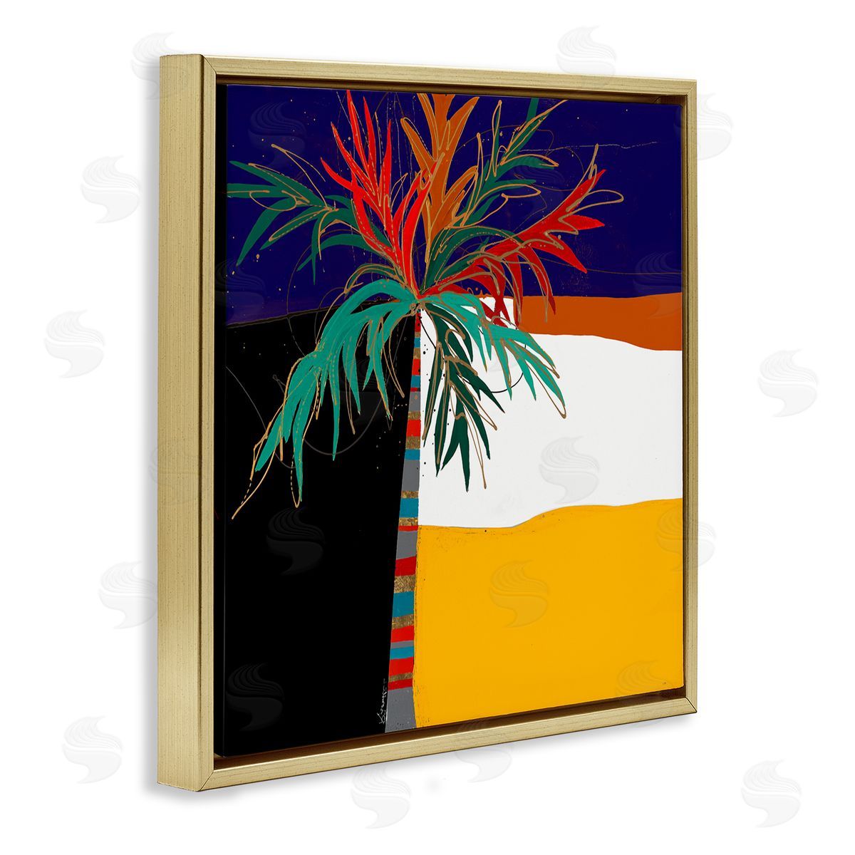 Keith Morgan Abstract Tropical Palm Tree Bold Blocked Pattern Gold Floating Frame Canvas Wall Art Print