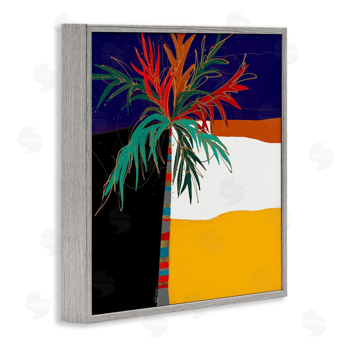 Keith Morgan Abstract Tropical Palm Tree Bold Blocked Pattern Gray Framed Glicee Wall Art Print
